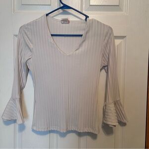 White Cream Ribbed V-Neck Top